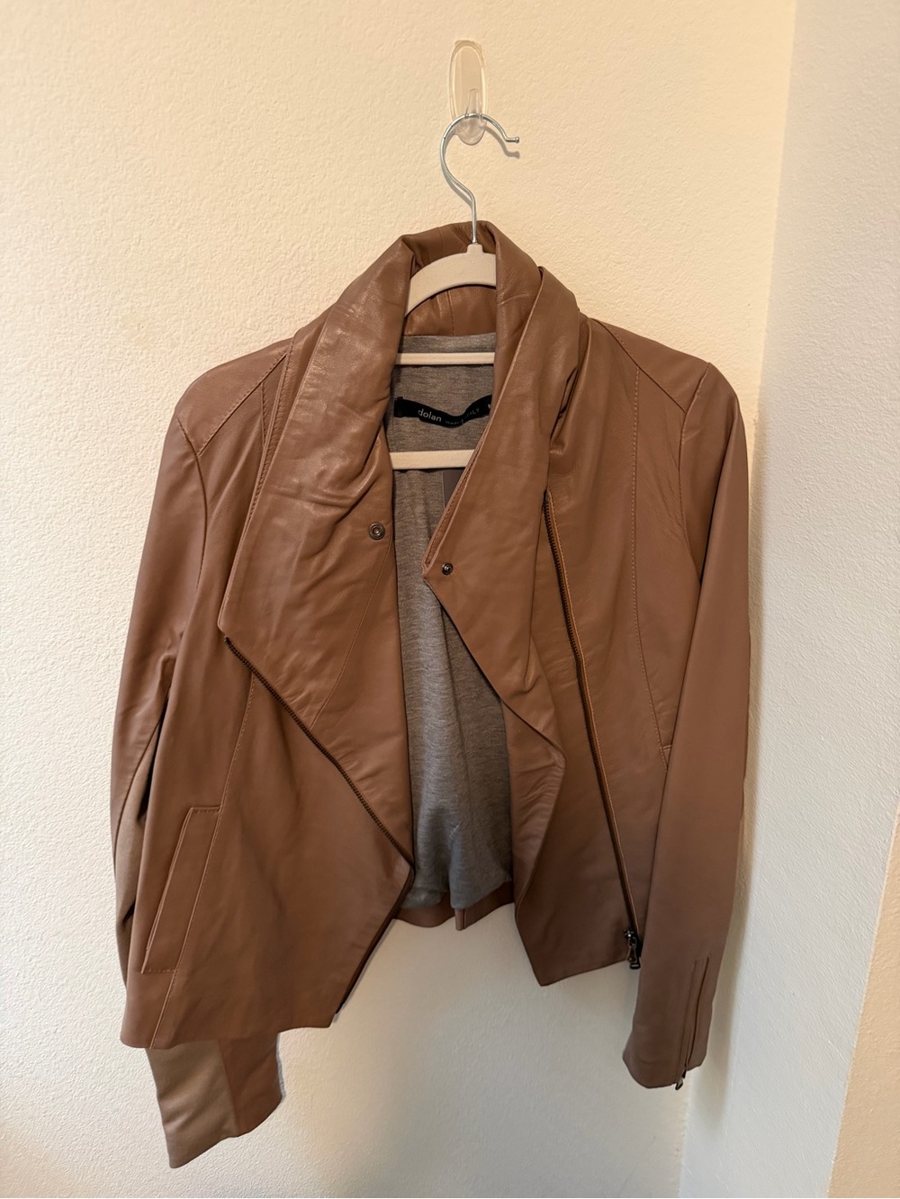 dolan Taupe-Brown Leather Asymmetrical Jacket